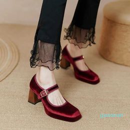 Velvet Square Head Thick High Heel Shoes for Women 2022 New French Style Wine Red Flat Belt Shoes Size 40