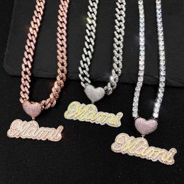 New Trendy Men Women Jewlery Heart Yellow White Gold Plated CZ Cursive Letters Custom Name Pendant Necklace With 3mm 24inch Rope Chain