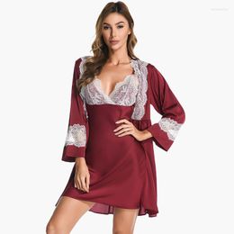 Women's Sleepwear 2PCS Women Lace Trim Robe Gown Sets Sexy V-Neck Nightdress Kimono Bathrobe Underwear Nightgown Summer M-XL Casual Home