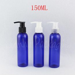 Storage Bottles 150ML Blue Round Plastic Bottle With Lotion Pump 150CC Empty Cosmetic Container Shampoo / Packaging