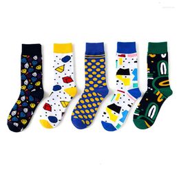 Men's Socks 1 Pair Men Combed Cotton Diamond Geometry Printed Funny Crew For Business Causal Dress Wedding Gift