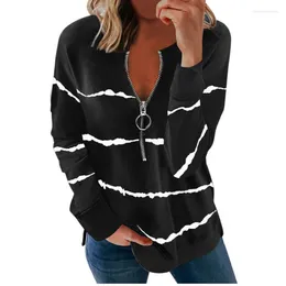 Women's T Shirts Fall/Winter Burst Stripe Zipper V-neck Long Sleeves Large Size Loose Women's T-shirt Sweatshirt