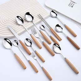 Dinnerware Sets Stainless Steel Cutlery Glossy Silver Wooden Dessert Ice Spoon Knife Fork Dining Table Set Japanese Tableware