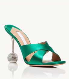 Popular Fashion Aquazzura high heeled Slippers for womens satin sandals Designer Rhinestone studded heel shoe Leather sole sandal 10CM Abnormal Heels Slipper 35-42