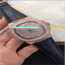 Top men's fashion watches rose gold diamond popular watch black leather strap waterproof automatic watch2477