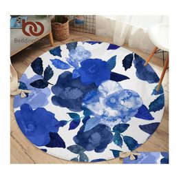 Carpets Beddingoutlet Flowers Bedroom Watercolor Art Round Area Rug For Living Room Leaf Floor Blue Soft Play Mat 150Cm Drop Deliver Otjv2