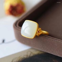 Cluster Rings Natural S925 Sterling Silver Frosted Gold Hetian Jade White Ring Female Gift For Girlfriend Mother Ornament