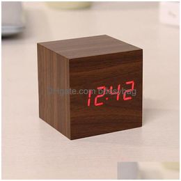 Desk Table Clocks Wooden Digital Led Alarm Clock Modern Cube Timer Calendar Drop Delivery Home Garden Decor Dhpyh