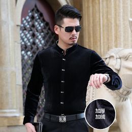 Men's Casual Shirts Autumn & Winter Design Fashion Mens Thick Velvet Shirt Mandarin Collar Long Sleeve Warm Dress