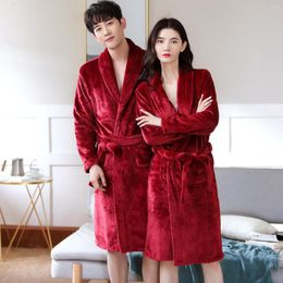 Men's Sleepwear Wine Red Women Winter Coral Fleece Kimono Gown Home Robe Thick Warm Lounge Nightwear Cute Couple Lovers Men Bathrobe