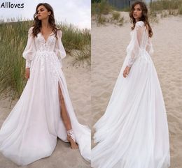 Puff Long Sleeves A Line Wedding Dresses Romantic Lace Appliqued Tulle Side Slit Bridal Gowns Boho Garden Fairy Style Bride Second Reception Robes de Mariee CL1604