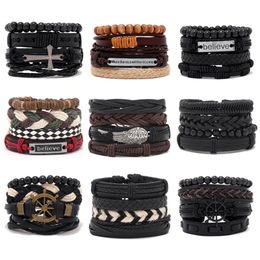 Vintage Multiple Layers Leather Bracelet Set For Women Men Leaf Cross Handmade Braided Wrap Charm Bracelet Jewellery Accessories