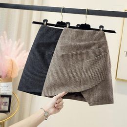 Skirts 2022 Autumn And Winter High Waist Slim Irregular A- Line Mini Skirt Femme Woollen Houndstooth Hip For Women