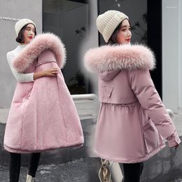 Women's Trench Coats Fur Collar Hooded Women Clothing Snow Wear Long Parkas Winter Jacket Pockets Plush Lining Thicken Coat Top