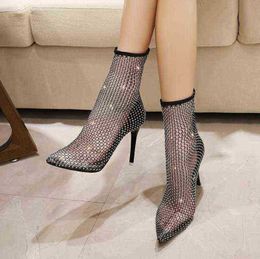 Frauen Stiefel Sandale High Heels Frühherbst Sexy Spitze Dünne Ferse Netz Socken Aushöhlen Diamant Cool 07091011