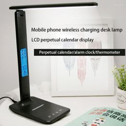 Table Lamps QI Wireless Charging LED Desk Lamp With Calendar Temperature Alarm Clock Eye Protect Reading Light