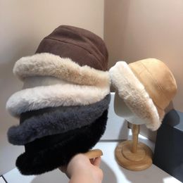 Berets Winter Plus Velvet Lamb Hair Female Bucket Hat Street Shooting Casual Wide Brim Warm Plush Pot Hats For Internet Celebrities Cap