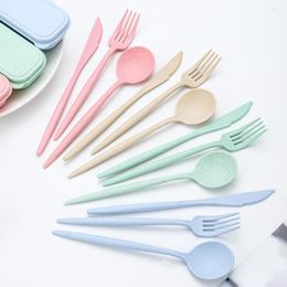 Dinnerware Sets 4pcs/Set Storage Container Wheat Straw Tableware Adult Kid School Office Bento Box Eco-Friendly Reusable Cutlery