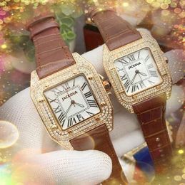 Couple quartz fashion mens womens watches auto date square roman diamonds ring case watch genuine leather belt tank series calendar wristwatch montre de luxe gifts
