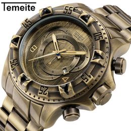 Temeite Mens Watches Top Brand Bronzed Style Stainless Steel Luxury Men Watch Casual Quartz Watches Reloj Hombre 2018244O