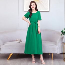 Party Dresses Women's Short Sleeve Round Neck Loose Solid Color Plain Empire Waist Pleated Maxi Casual Long With Pockets