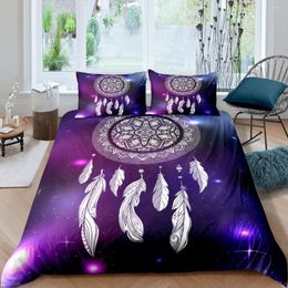 Bedding Sets Set Microfiber Exotic Ethnic Style King Quilt Cover Purple Dream Catcher Duvet Bohemian Feather