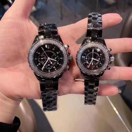 CLassic couple quartz watch black ceramic 6 pin dual stainless steel clock full diamond ceramics wrist watch 33 36mm AAA quality294c