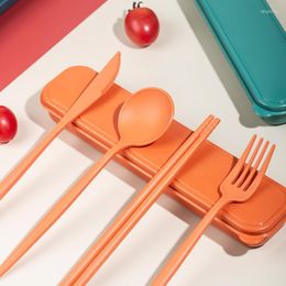 Dinnerware Sets Wheat Straw 4PCS Cutlery Set Lunch Tableware With Box Spoon Fork Knife Chopstick Portable Travel Kitchen Accessories