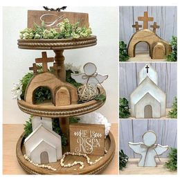 Decorative Figurines Tiered Tray Decor Set 4pcs Resurrection Scene Holiday Party Wooden Ornament For Home Easter Decoration Accessories