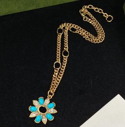 Fashion Designer Crystal Flower Pendant Double Letter Necklace Gold Chain Collares Women Ladies Wedding Party Jewellery