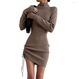 Casual Dresses Bodycon Dress Solid Colour Knitted Autumn Winter Waist Tided Stretchy For Daily Wear