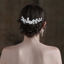 Wedding Bridal Pearl Hair Comb Ceramic Flower Headpiece Crown Tiara Earrings Jewellery Set Princess Pageant Headdress Ornament Gold