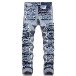 Men's Jeans Patchwork Fringe Jeans Streetwear Patches Ripped Beggar Pants Blue Stretch Denim Slim Straight Trousers