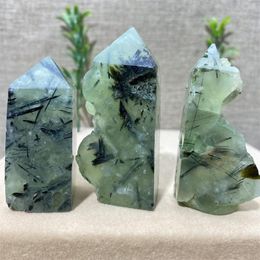 Decorative Figurines Green Prehnite Stone Quartz Wand Natural Tourmaline Hair Minerals Tower Crystal Healing Living Room Decoration Home