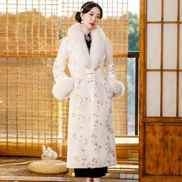 Autumn Winter White Chinese Trend Slim Cheongsam Fur Collar Fashion Asian Vintage Cheongsam Robe Long Sleeve Banquet Dress