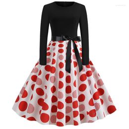 Casual Dresses SpringFall Winter Valentine's Day Red Wave Point Print Crew Neck Bow Long Sleeve Women Ladies Short Skater Party Fany