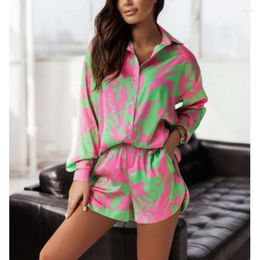 Women's Blouses Print Shorts Suits Woman Vintage Long Sleeve Shirt And Short Pants Suit Two Piece Set Female Casual Outfit Autumn Blouse