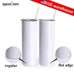 US warehouse FLAT EDGE 20oz Sublimation Straight Tumbler with straw Stainless Steel Glossy Double-Wall Vacuum Insulated Water Bottle No Ghosting in the bottom