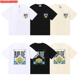 I2Q3 Men's t Shirt 2023 New Fashion Brand Rhude Micro Label Poker Card Printed Short Sleeved for Men and Women High Street Loose Half Sleeves