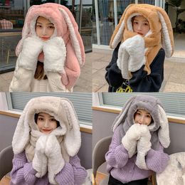 Berets Windproof Soft Warm Balaclava With Ears Outdoor Fluffy Thickening Pocket Hat Big Long Hooded Scarf DIY Cap Earmuffs