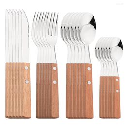 Dinnerware Sets Knife Fork Teaspoon With Wooden Handle 304 Stainless Steel Cutlery Set 6/24Pcs Tableware Mirror Home Flatware Kitchen