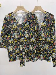 Women's Knits 2022 Spring Romantic Print Linen And Lyocell Blended V-neck Women Pullover Cardigan
