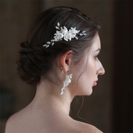 Wedding Bridal Ceramic Flower Hair Comb Pearl Crown Tiara Headpiece Dangle Earrings Jewellery Set Princess Pageant Head Accessories Ornament