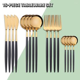 Dinnerware Sets 16 Pieces Black Gold Stainless Steel Cutlery Set Knife Fork Spoon Mirror Coffee Kitchen Table Holiday Party Supplies