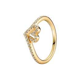 Yellow Gold Plated Sparkling Wishbone Heart RING for Pandora Authentic Sterling Silver Wedding Jewelry Women Girls CZ Diamond Engagement Rings with Original BOX