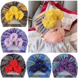 Fashion Hand Sewn Beads Flower Hats 17x18 CM Colourful Printed Baby Girls Caps Newborn Bonnet Children Headwear 5 Colours