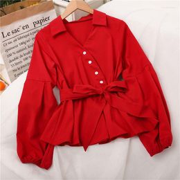 Women's Blouses Lantern Sleeve V-neck Chiffon Shirt Women's 2022 Spring And Summer Korean Style Fashion Design High Waist Tie Casual