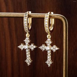 Hoop Earrings Inlaid Cross Pendant Ear Stud Personality Street Trendy 14k Gold Plated Vintage Hip Hop