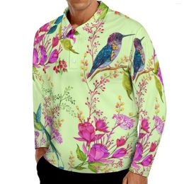 Men's Polos Hummingbird Flower Polo Shirts Daily Botanical Art Casual Shirt Long Sleeve Turn-Down Collar Fashion Design Oversize T-Shirts