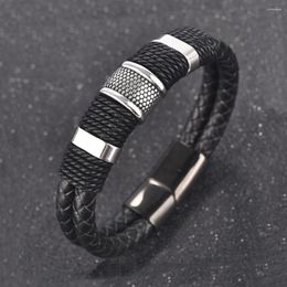 Charm Bracelets Men Braided Leather Bracelet Stainless Steel Magnetic Clasp Woven Bangles Wristband Black Brown Punk Jewelry Accessories